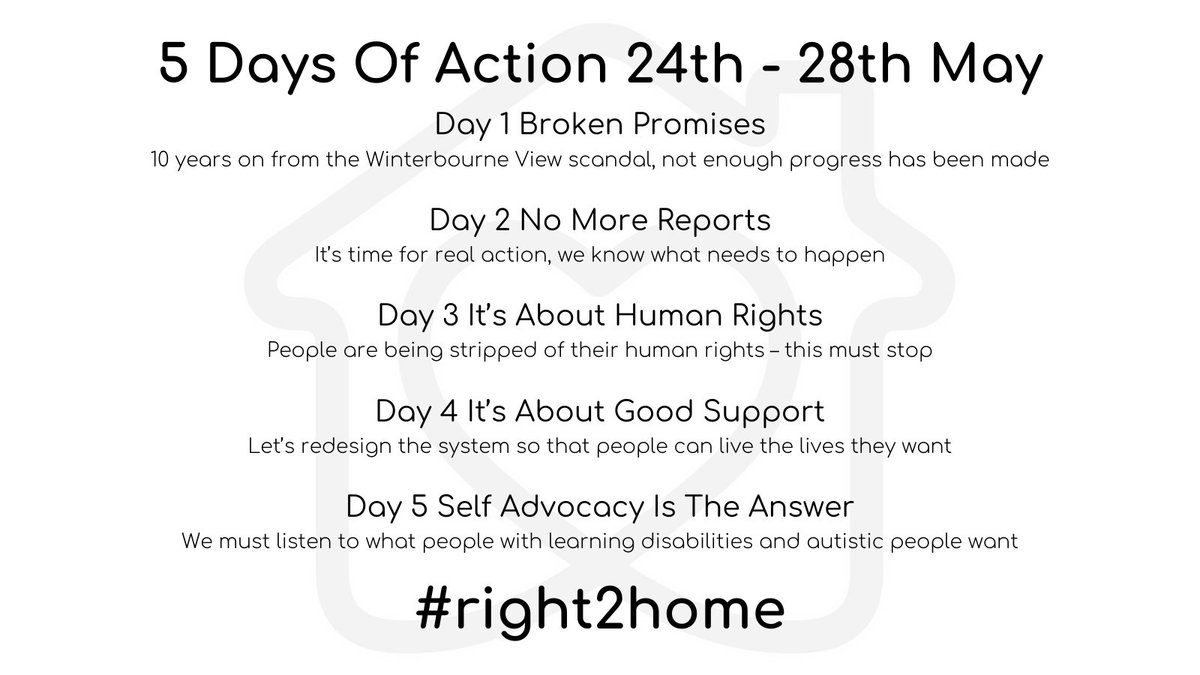 LISTEN TO US. HEAR OUR VOICE. NOTHING ABOUT US WITHOUT US.
As our 5 Days of Action draws to a close the single most important message is: #SelfAdvocacyWorks 
▶️ WATCH AND LISTEN TO VIDEOS from self advocates posted throughout today. 
#right2home #Winterbourne10YearsOn 🕯