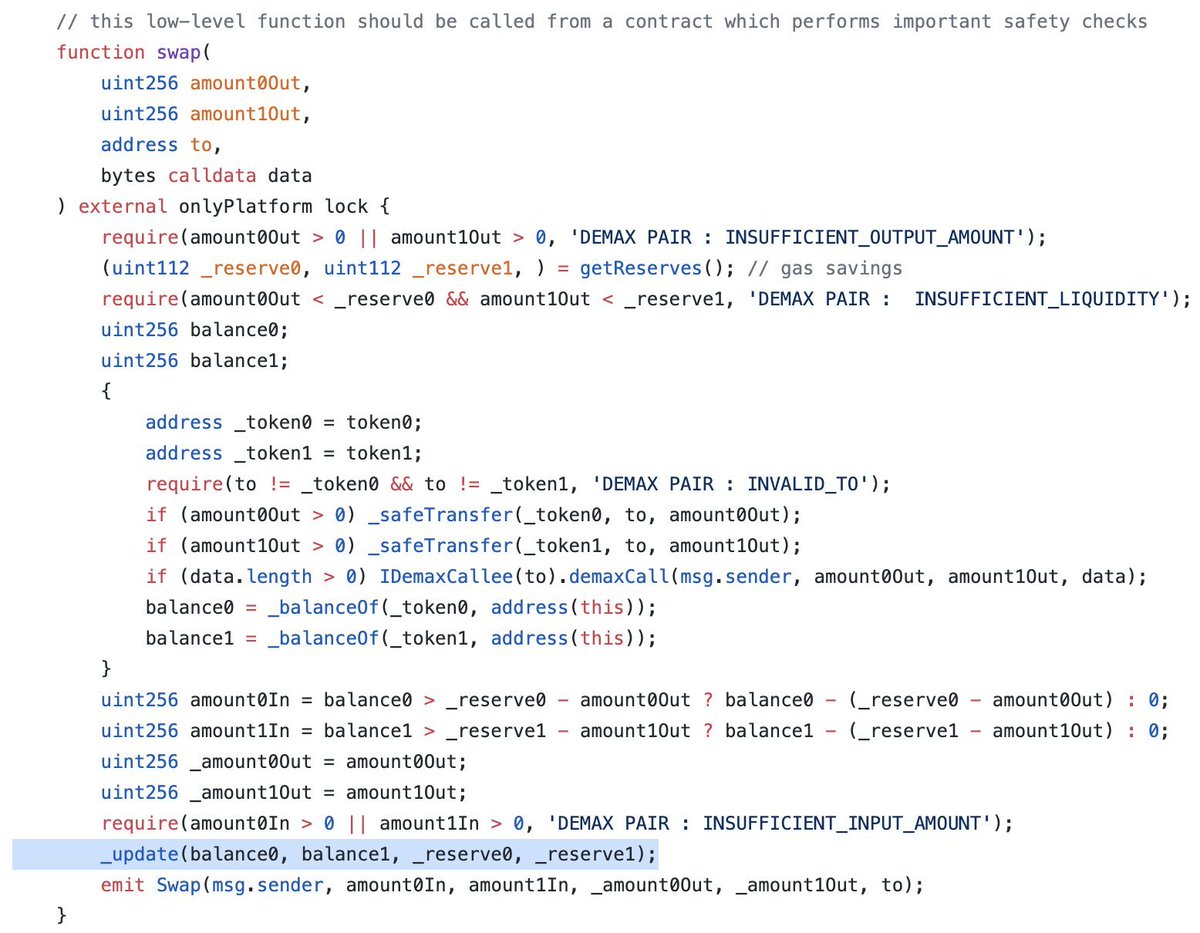 Mudit Gupta (@mudit__gupta) on Twitter photo $7.2mm stolen from <a href="/burger_swap/">burgerswap</a> because of a silly modification in the source code.
The swap function is supposed to verify x*y >= k which basically verifies that the contract got enough input tokens required to do the swap 🧵👇 $7.2mm stolen from <a href="/burger_swap/">burgerswap</a> because of a silly modification in the source code.
The swap function is supposed to verify x*y >= k which basically verifies that the contract got enough input tokens required to do the swap 🧵👇