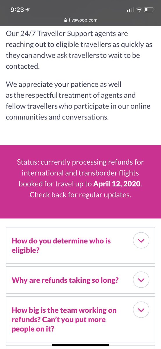 PatArcher's tweet photo. .@cbcmarketplace maybe you should investigate @FlySwoop and their inability to process refunds at an acceptable rate.  They say they have a 24/7 team processing refunds but it’s been over a month of them processing Refunds for cancelled flights from April 12th, 2020 https://t.co/Z9wwqgQZIJ