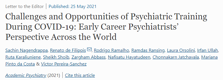 Publ🚨: In this letter, we identify 5 areas of psychiatric training affected by #COVID19 worldwide. We also discuss the key roles played by #telementalhealth and #teleeducation (& their value moving forward), and the need to ensure high-quality training
link.springer.com/article/10.100…