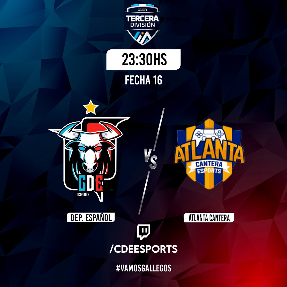 🇪🇸 ¡Vamos Gallego! 🇪🇸

⚽️ Liga <a href="/IESAFIFAar/">IESA Argentina</a>

Fecha 15 vs <a href="/EsportsGaucho/">💚Gaucho eSports❤</a>
Fecha 16 vs <a href="/eSport_Atlanta/">CA Atlanta eSports</a>

🖥 twitch.tv/cdeesports

#VamosGallegos 🇪🇸🎮