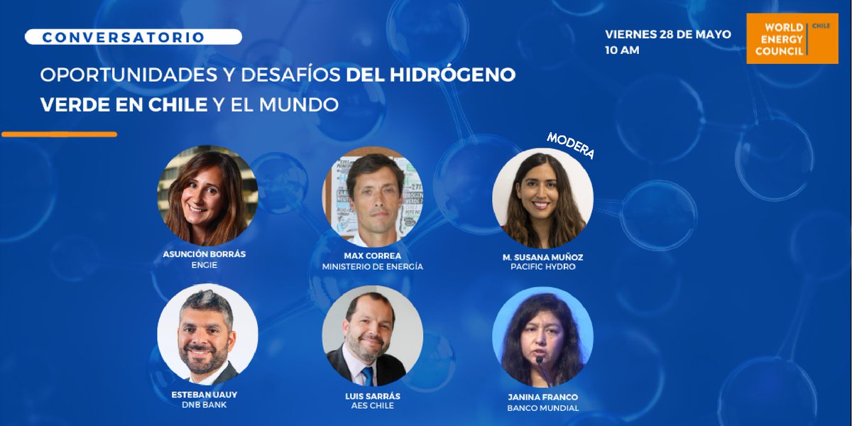 WEC_Chile's tweet photo. No te lo puedes perder. Ven a conversar sobre el tema + hot 🔥 del espectro energético: #HidrógenoVerde. Estará Janina Franco de @WBG_Energy; @Asun_Bormar de @ENGIEChile, @Su___ de @pacifichydro y representantes de @MinEnergia, @AES_Chile y #DNBBank
https://t.co/J3r4XHxgAV https://t.co/DrCZ0Uox9m