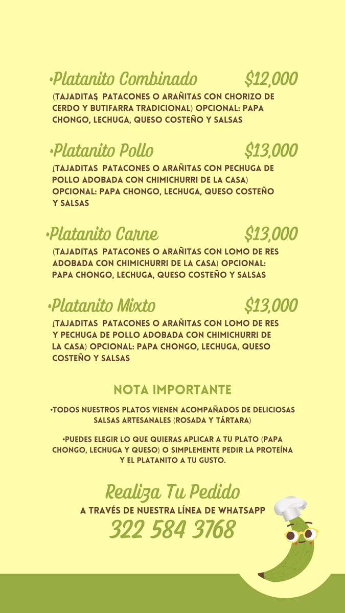 Hola amigos!
ESTE VIERNES 28 DE MAYO LANZAREMOS PLATANITO FAST FOOD A partir de este viernes tendremos disponible nuestro menú de deliciosos platos para tu próxima comida rápida fav!
Aprovecha y haz tus pedidos aquí: wa.me/message/LQVSCE… 😍🤤🍔🌭
¡NO TE QUEDES SIN PROBARNOS!