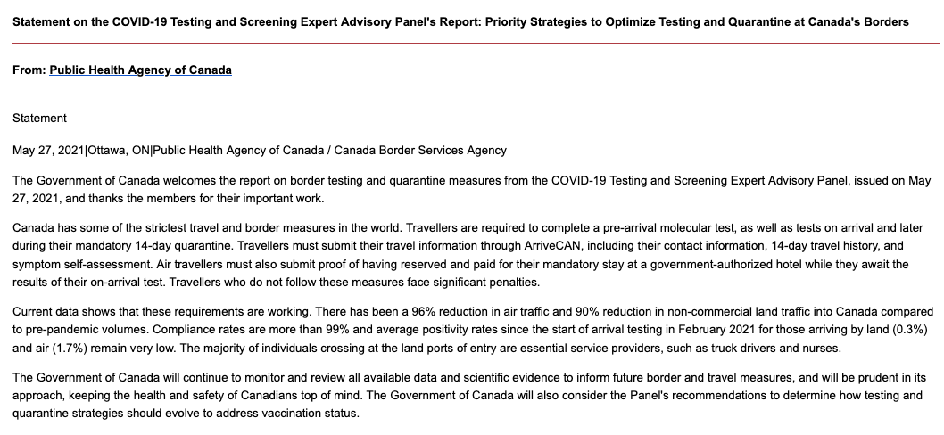 ThatBronaghOne's tweet photo. @davidakin And @GovCanHealth responds with cute statement reminding Cdns that gov't measures to keep out unwanted humans are effective in keeping out unwanted humans #lostthenarrative https://t.co/DvQmclAkg6