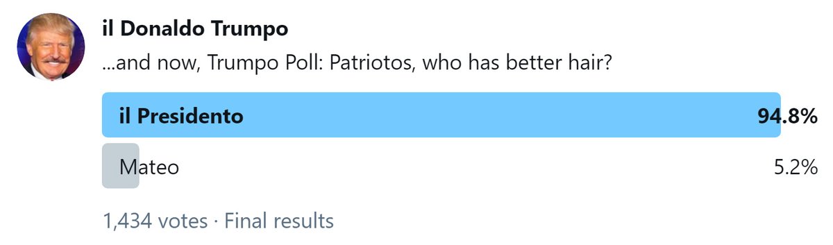 PapiTrumpo's tweet photo. It´s settled, @mattgaetz. il Presidento has better hair, and i have 74 pisoshitos i have to keep my eyes on... https://t.co/eaWyYn25dL