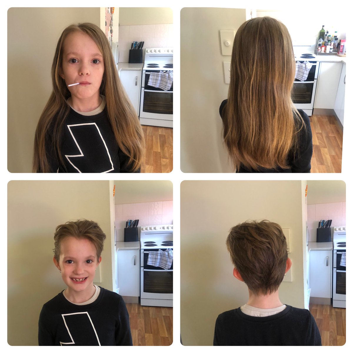 cazport's tweet photo. @Pink my 8yr old granddaughter Indie sat &amp; watched #AllIKnowSoFar with us n made the decision to get her hair cut “pink style” think she is rocking the look big time! #biggirl #locksbegone #nomoreknots #cute https://t.co/KFOaWugSwZ