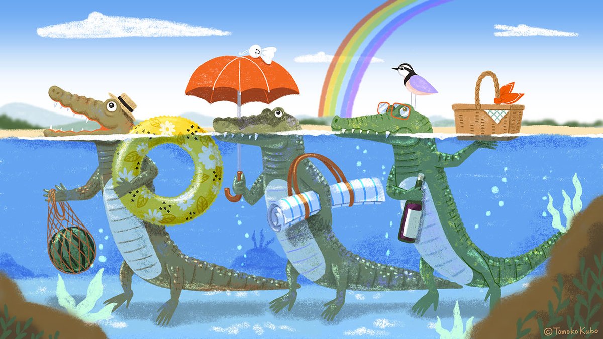 クボトモコ イラストレーター 刺繍作家 ワニのバカンス 暑中見舞い用に描きましたが ちょっと方向が違う方に行ったので 暑中見舞の絵は別に描くことにします イラストレーション 絵本 ワニ Illustrator 子ども 童話 お話 イラストレーター
