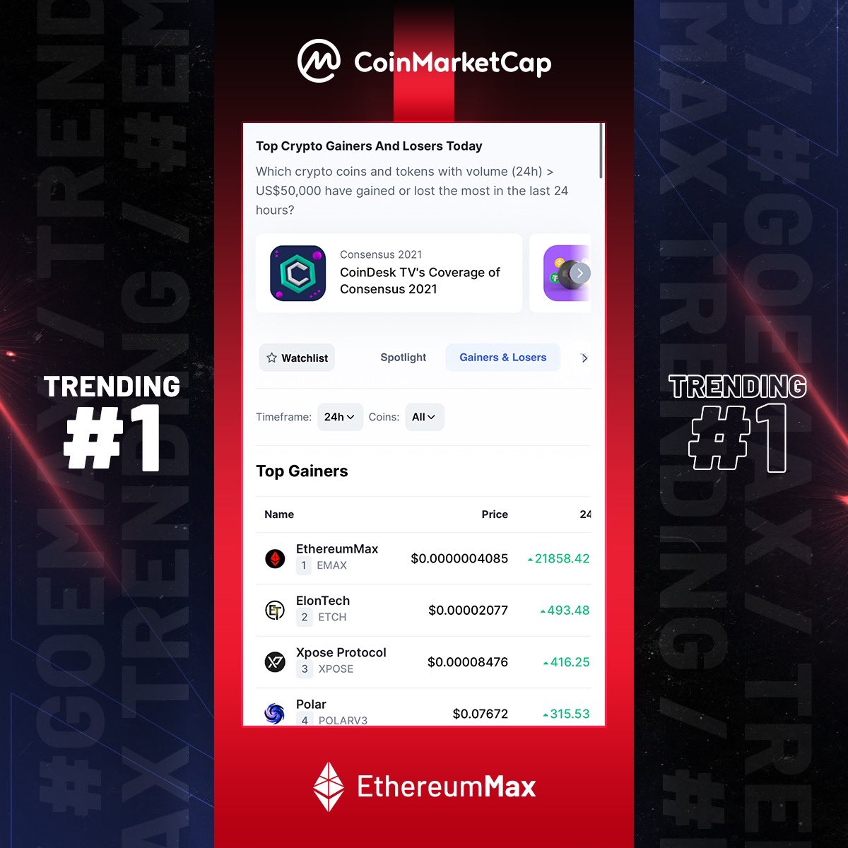ethereum_max's tweet photo. 🚨 EMAX IS TRENDING # 1
➡️ #EthereumMax is trending #1 on CoinMarketCap 

🚀Reminder: ⬇️ NEW Contract ID: 0x15874d65e649880c2614e7a480cb7c9A55787FF6 https://t.co/lSv7gN40jq