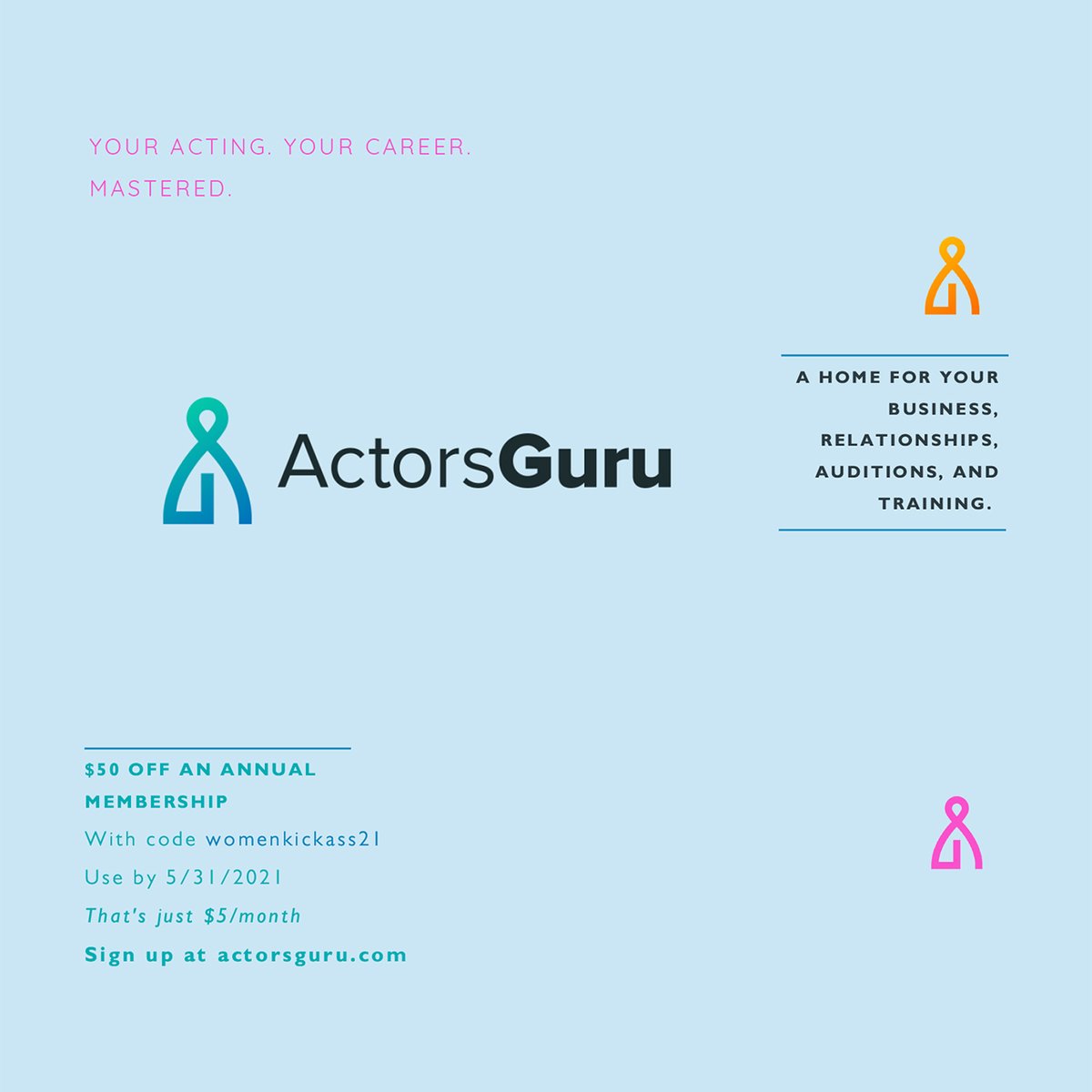 Your Acting. Your Career. Mastered. AND at 50% off!

<a href="/ActorsGuru/">The Actors Guru</a> your 1-stop for managing your acting career. Manage, search &amp; track auditions, relationships, training &amp; business. All details, photos, files in 1 place on mobile or desktop.   

actorsguru.com.