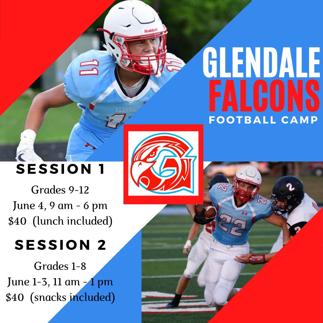 Glendale Football Summer Camp is BACK!!

Registration available on site at Lowe Stadium at Glendale High School.

RSVP for your player's shirt with names and shirt sizes to Coach Mauk at mkmauk@spsmail.org #SGFB