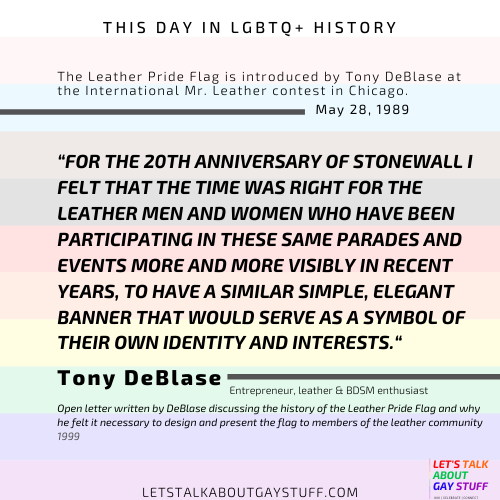 talkgaystuff's tweet photo. This day in #LGBTQ+ #history the Leather Pride Flag was presented at the International Mr. Leather contest in 1989.

The flag was designed &amp; presented by Tony DeBlase in Chicago.

#letstalkaboutgaystuff #leatherprideflag #leatherpride #leather #tonydeblase #leatherarchives #may28 https://t.co/NDNuL2j9Tx