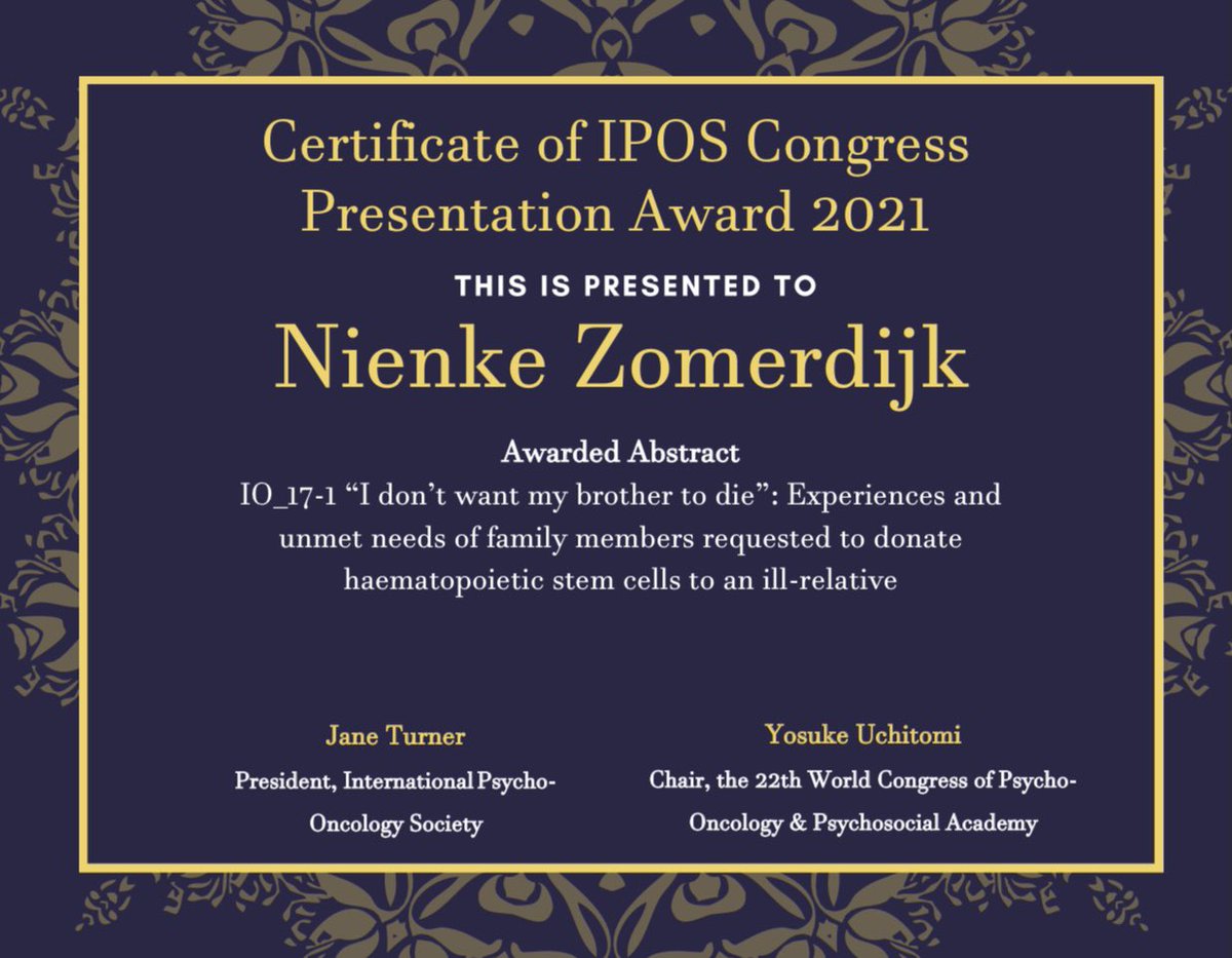 nienkezomerdijk's tweet photo. Incredibly grateful &amp; humbled to receive the #IPOS2021 Presentation Award 🙏🏻 #IPOSPsychoOncol has supported my research journey since 2016 when I was just starting my PhD. When I was blown away by the community + passion + ideas at my first IPOS in Dublin, I knew I loved #PsyOnc https://t.co/WKKRJn9sNA