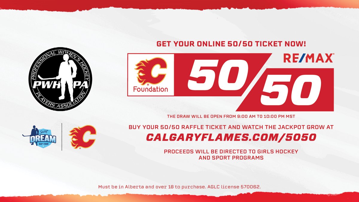 Calgary Flames (@nhlflames) on Twitter photo Our <a href="/FlamesFdn/">Flames Foundation</a> 50/50 raffle is back for today's @PWHPA Secret Dream Gap Tour championship game!
+18 Albertans, you can purchase 🎟️ until 10:00 PM MT - proceeds will benefit girls and women's hockey: cflam.es/5050 Our <a href="/FlamesFdn/">Flames Foundation</a> 50/50 raffle is back for today's @PWHPA Secret Dream Gap Tour championship game!
+18 Albertans, you can purchase 🎟️ until 10:00 PM MT - proceeds will benefit girls and women's hockey: cflam.es/5050