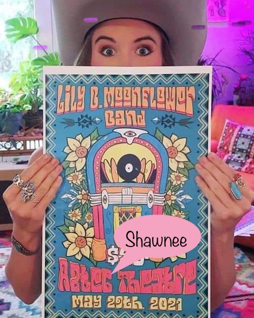 AztecShawnee's tweet photo. Everyone's rockin their jukebox shirt at the #AztecShawnee Theater🎶 You can catch my band #LIVE this Saturday night &amp; pickup your own shirt, koozie or poster! One lucky 🎟holder will even go home w/a custom hand painted Moonflower🎸
C U there! ~Lily B🌙🌻
https://t.co/PMuRkx4Oep https://t.co/4FSc5mgsKB
