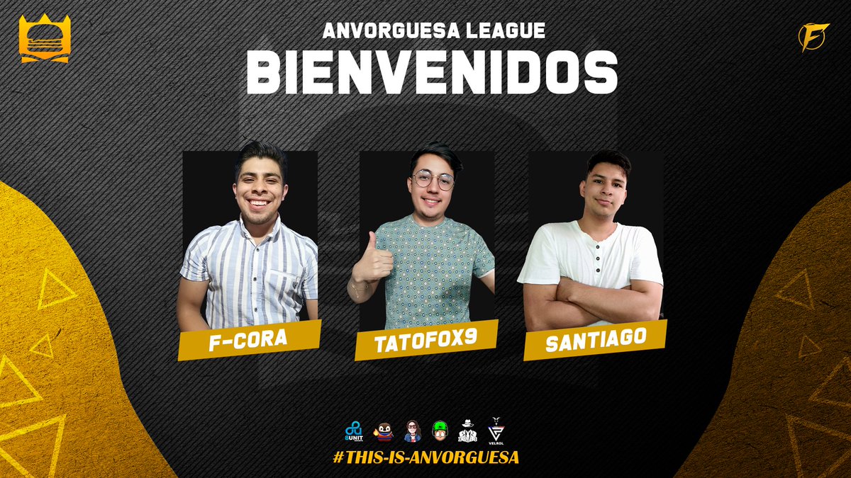 #BS | ¡CASTERS! 🍔👤🎙️🍟

Una gran bienvenida se merecen estas increíbles personas que estarán narrando los partidos que tendremos a lo largo de la competencia, bievenidos <a href="/tatofox9/">Tatofox9</a> <a href="/FCORA8/">F-CORA</a> @SantiagoT980! 

¡No olviden seguirlos! #AnvorguesaLeague
