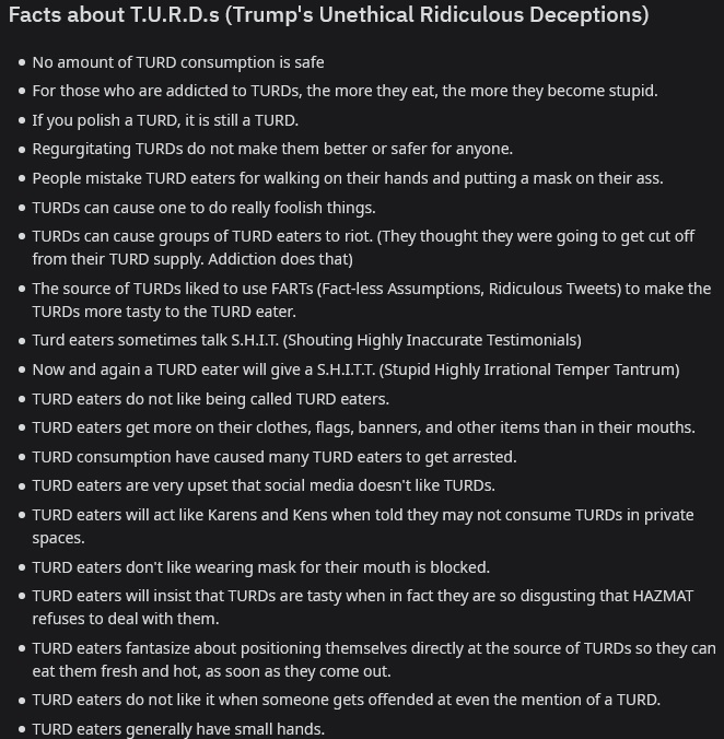 M_P_Hawes's tweet photo. @JoJoFromJerz You have Death Eaters in HP.
...and the USA has T.U.R.D. Eaters (Trump's Unethical Ridiculous Deceptions)
There are MANY facts about TURD Eaters. The complete list can be found here: https://t.co/AoDiLR4oXO https://t.co/z0urccZ4iZ