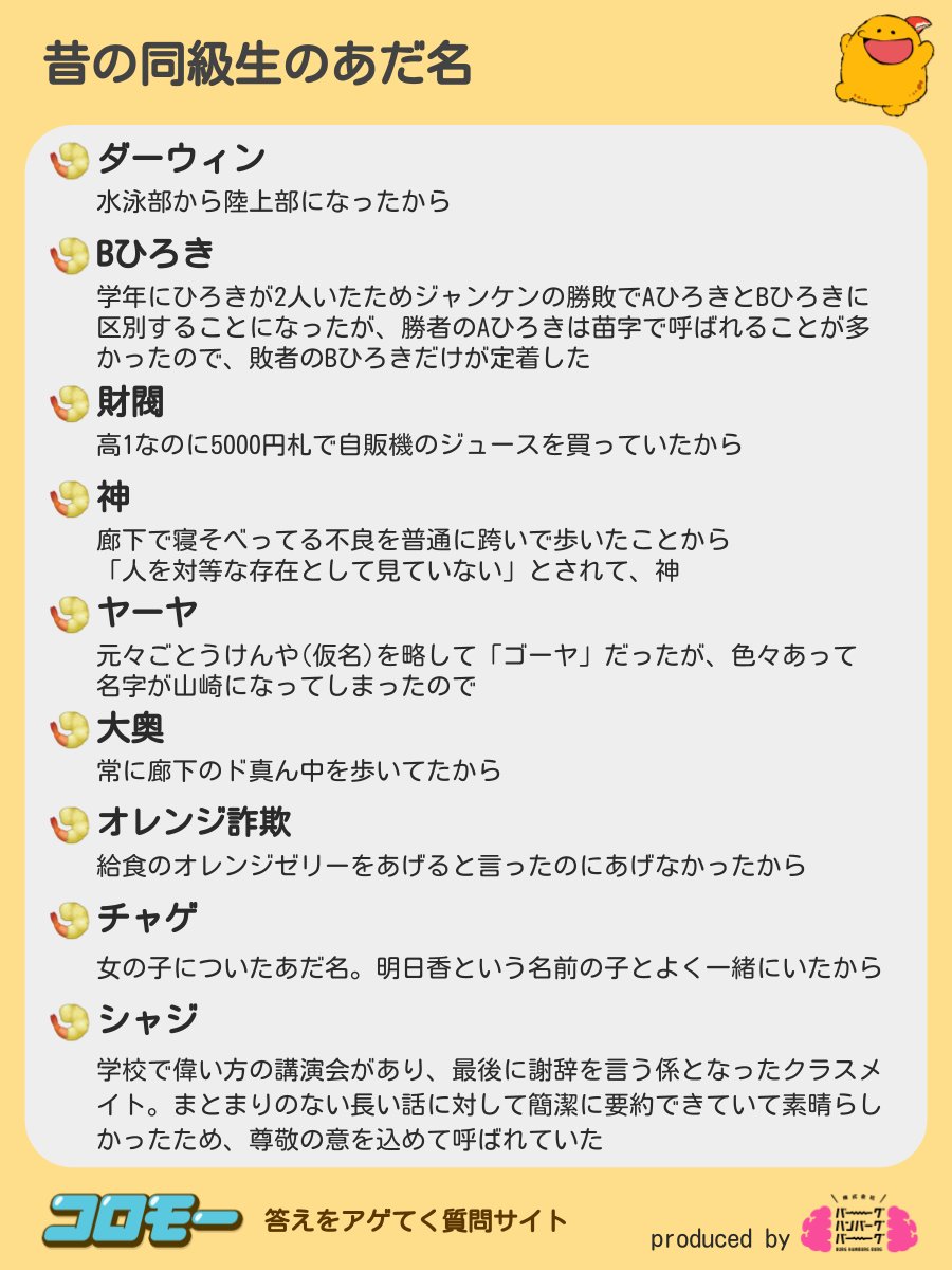 破壊神 ドントタッチミー唐揚げ Q Aサービス コロモー に投稿されたみんなの昔の同級生のあだ名がなかなかエグい Togetter 破壊神 ドントタッチミー唐揚げ Q Aサービス コロモー に投稿されたみんなの昔の同級生のあだ名がなかなかエグい Togetter