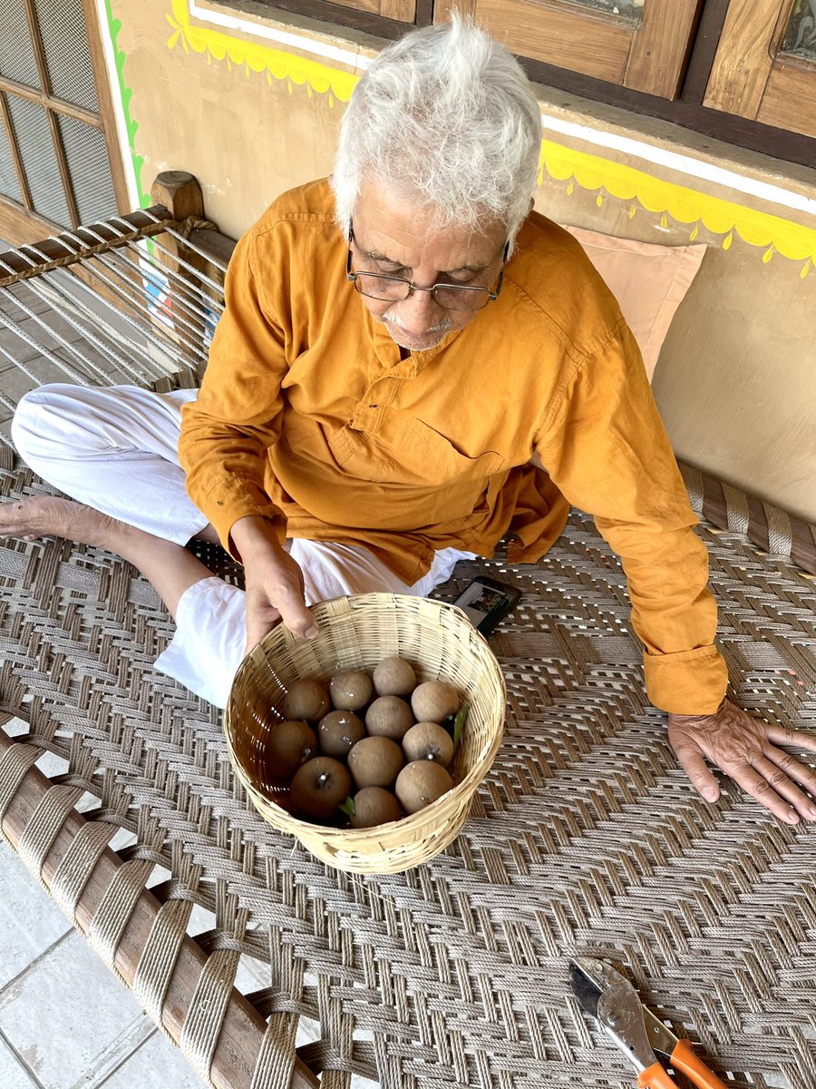 DrKumarVishwas's tweet photo. पिताजी के पास रहने का सबसे कठिन समय होता है मेरा हर काम उनके परीक्षक की नज़र से गुजरना।आज सुबह @kvKutir में लगे चीकू तोड़ने का मेरा स्वयं-श्लाघापूर्ण आत्मविश्वास, उनके “चीकू-परीक्षण” सत्र प्रारंभ होते ही नेताओं में नैतिकता की तरह उड़नछू हो गया।ख़ैर...आज तो अपुन पास हो गए😜😂❤️🙏 https://t.co/WOIChlp43d