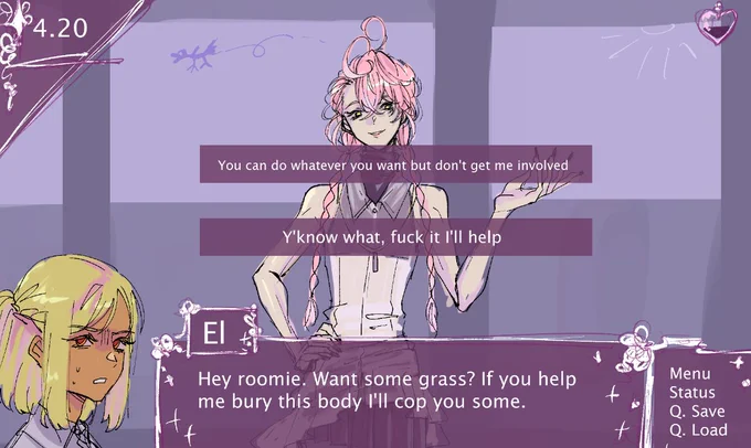 heres a cap from my fake game i just made up titled "My Toxic Roommate", mahou shounen vocational school dating sim directed illustrated written and hallucinated by me, featuring my OCs. 