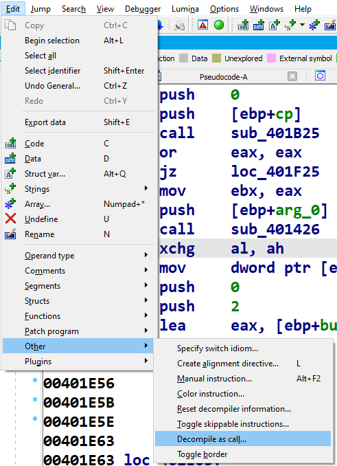 RolfRolles's tweet photo. I finally found a good use for Hex-Rays "Decompile as call", albeit a pretty niche one. https://t.co/bNVUBryQad