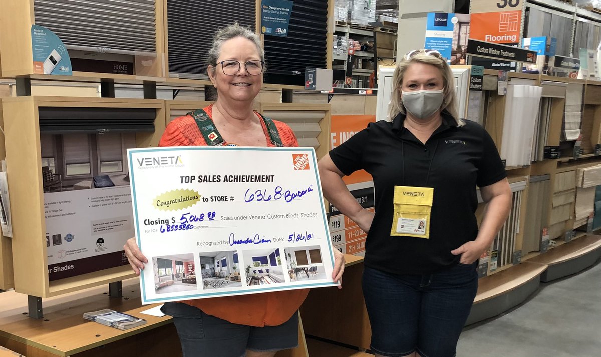 A shout out to Barbara @ #HomeDepot6368Pace for this YUGE sale. It was my pleasure to present this Top Sales Achievement certificate! Thank you <a href="/depotman78/">Anthony Orangeman</a> for all that you guys and gals do! We <a href="/NienMadeUSA/">Nien Made USA</a> and <a href="/BlindsbyVeneta/">Veneta™ Window Fashions</a> appreciate you very much!