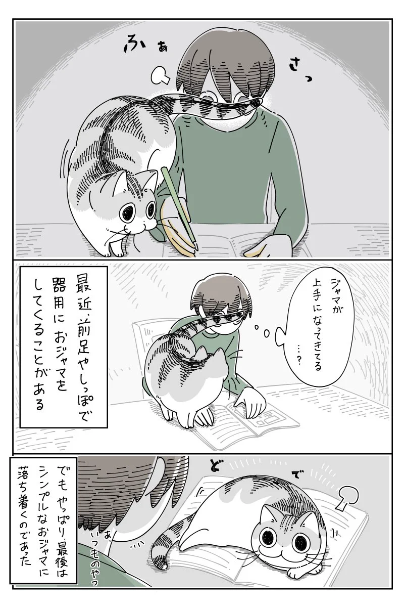 構って欲しいのが伝わってくる！あの手この手で作業を妨害し、気を引こうとする猫の可愛い漫画！