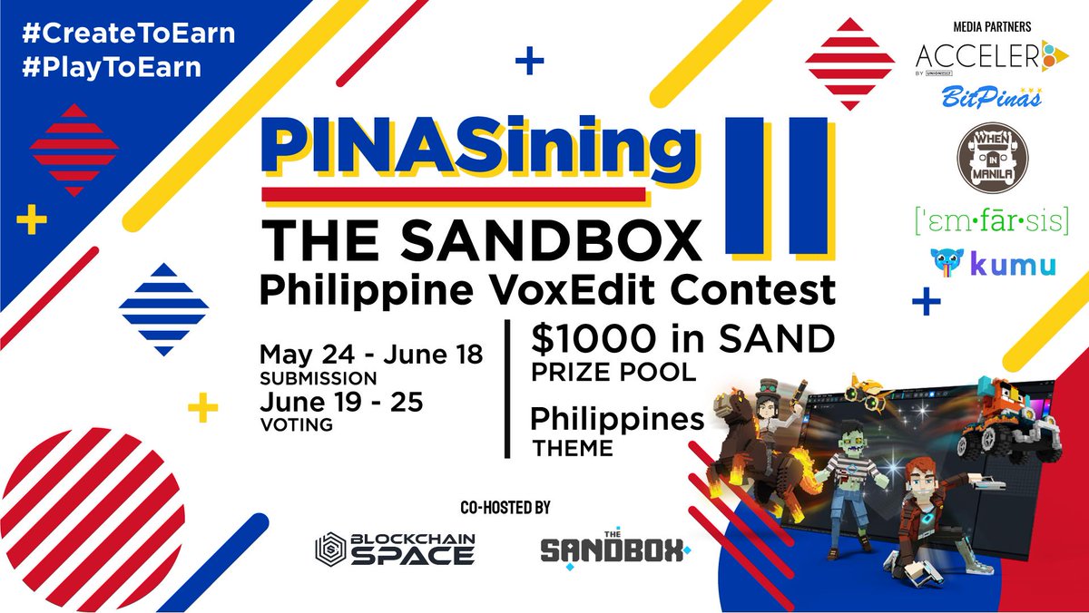 emfarsis's tweet photo. #PINASiningII is calling for entries!
@Blockchain_SPC and @TheSandboxGame are launching PINASining II, the 2nd voxel contest for creators and aspiring artists of the PH to build Philippines-themed voxel assets for the #Metaverse.
How to join:
https://t.co/vijKw978WF https://t.co/NMWEdKCFo5