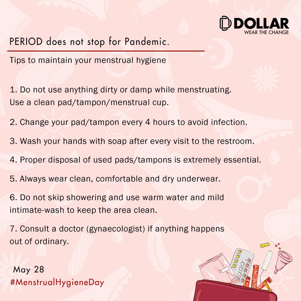 DollarBigboss's tweet photo. Period does not stop for #Pandemic. Tips to maintain your menstrual hygiene.
#May28 #Hygiene #MenstrualHygiene #MenstrualHealth #StayClean #Period #PeriodShaming #Awareness #PeriodShamingMustEnd #ChangePeriodShaming #NoShame #JustAPeriod #DollarMan #Bigboss https://t.co/VxFxzP0J5e