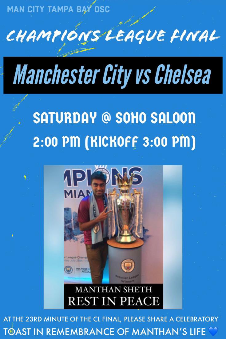 At the 23rd min of the UCL final, make a toast 🍻 to celebrate the life of our dear friend &amp; founding member Manthan Sheth who tragically passed away due to Covid at 29..forever a Cityzen, RIP Manthan 💙💙💙 <a href="/ManCityUS/">Manchester City US</a> <a href="/ManCity/">Manchester City</a> #mancityosc #ChampionsLeague @UCLonCBSSports
