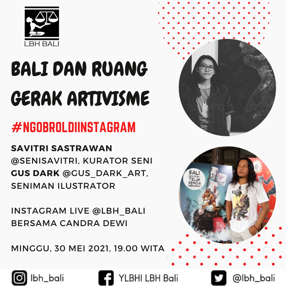 #NgobroldiInstagram kembali lagi, kali ini kita akan ngobrolin topik Bali dan Ruang Gerak Artivisme bersama kurator seni Savitri Sastrawan <a href="/daedonghae/">DAE Savitri S</a> dan seniman ilustrator Gus Dark <a href="/GusDark4/">Gus Dark | Darkade Propaganda</a>

Minggu, 30 Mei 2021 pukul 19.00 WITA.

Salam Keadilan Untuk Semua
