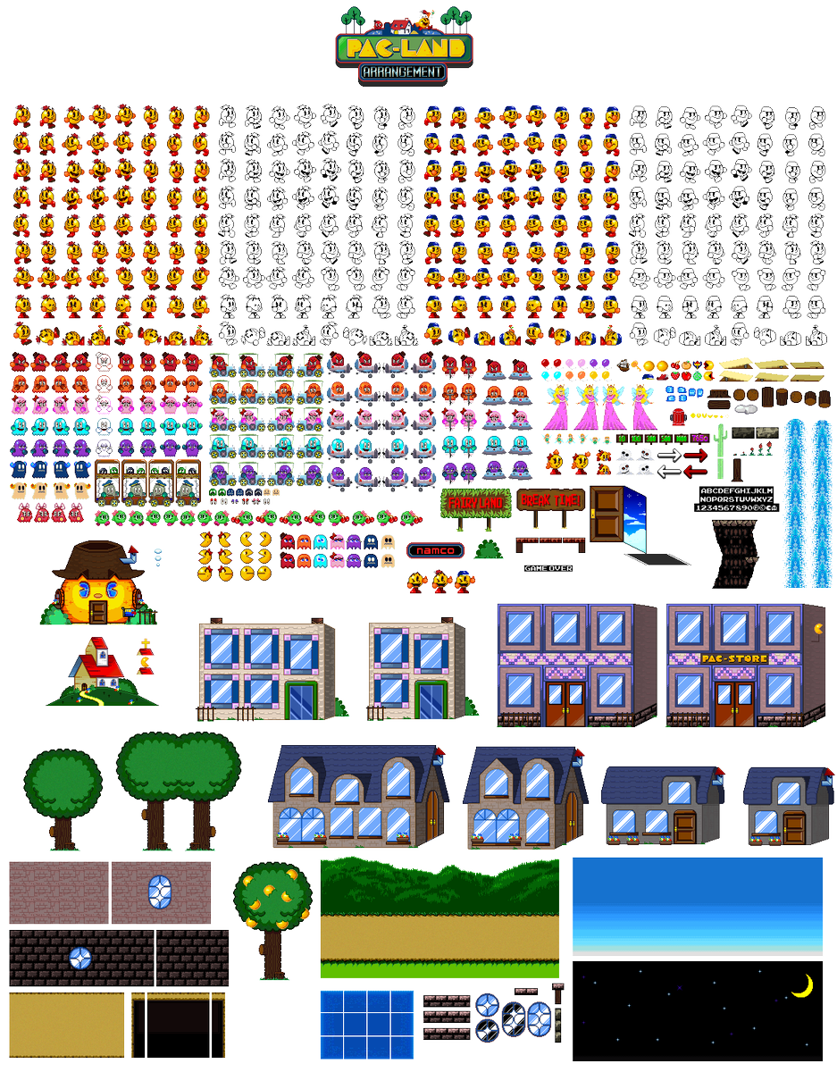 FierceTheBandit's tweet image. During February I decided to go back and remake My Pac-Land Arrangement sprites from scratch.

I almost remade every asset from the original game, even the buildings/trees etc.
not sure if and when I'll finish it all, but enjoy anyway!

#PacMan #PacMan40th #PacLand