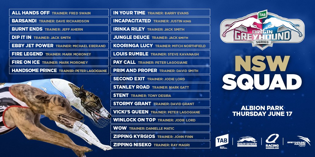 QLDGreys's tweet photo. Let's get it on!!!

QLD and NSW squads are now confirmed for the 2021 TAB Origin Greyhound Series on Thursday June 17.

Full release details here: https://t.co/4y38gkqHgU

@RaceQLD @tabcomau @SkyRacingAU @GerardDaffy  @Bunny_Brasch @MMcInallyPhotos @SEN_track @GreyhoundsNSW https://t.co/wLjnjvYzey