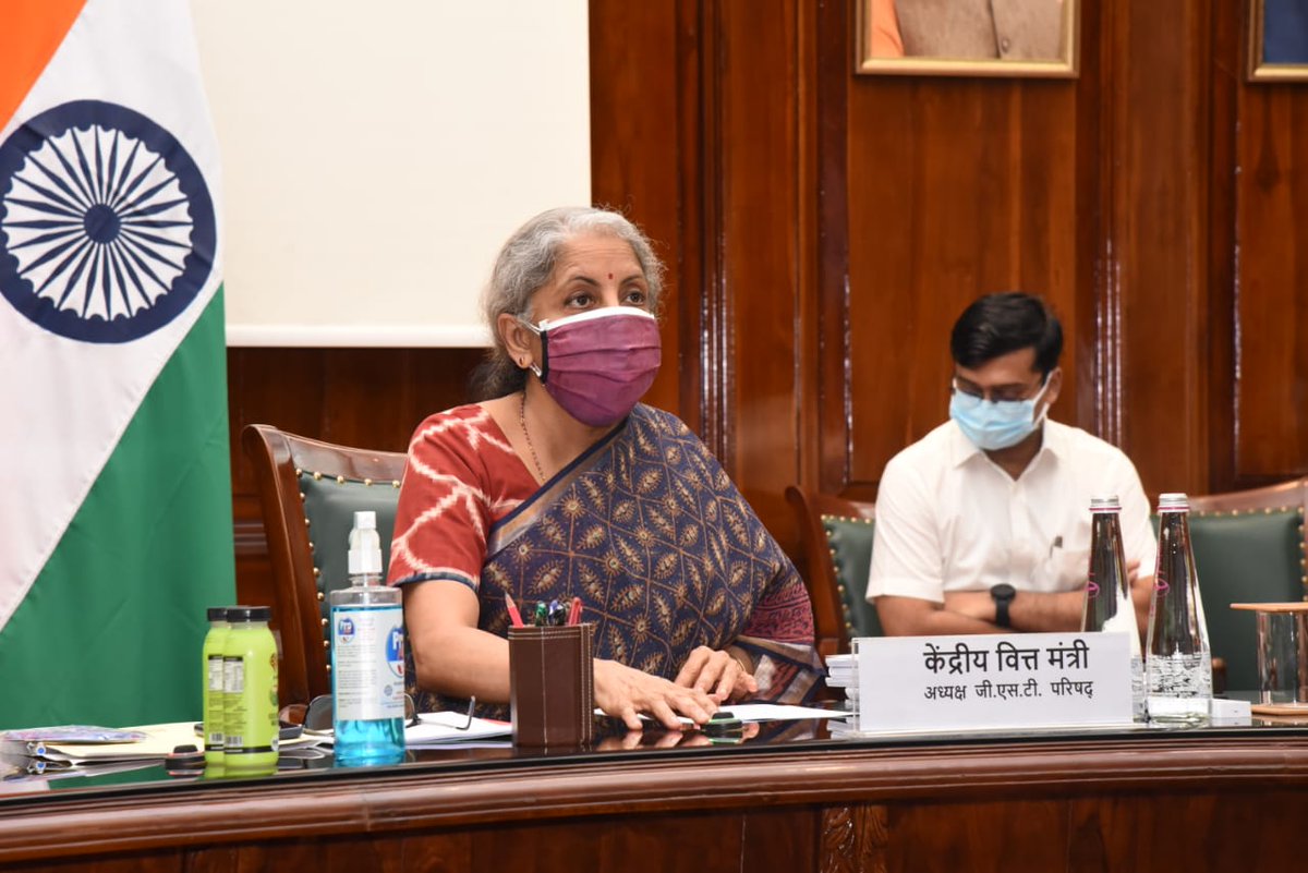 FinMinIndia's tweet photo. Finance Minister Smt. @nsitharaman chairing the 43rd GST Council meeting via video conferencing in New Delhi today. MOS Shri. @ianuragthakur, Finance Ministers of States &amp; UTs and Senior officers from Union Government &amp; States are also present in the meeting. https://t.co/Koi0uhx5Tn