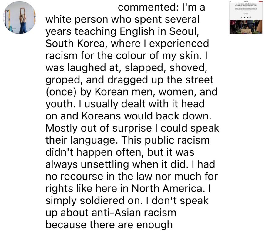 a long comment from a white woman about how she experienced racism while living in Seoul