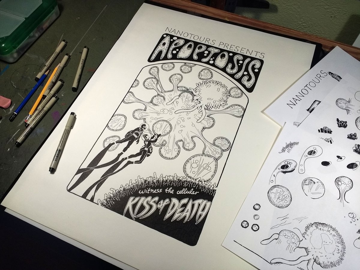 Finished up the inkwork on the apoptosis travel poster for the comic "Čapek". I'll clean up a few things in Photoshop, and it will be ready to go!