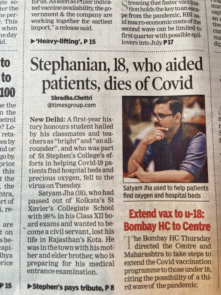 sagarikaghose's tweet photo. Anguishing and desperately sad. Satyam Jha was only 18. May the divine give his family the strength to bear this wrenching loss and take pride in his memories. Rest in bliss, young soul. @CafeSSC @StStephensClg https://t.co/nH9zo7B8oi