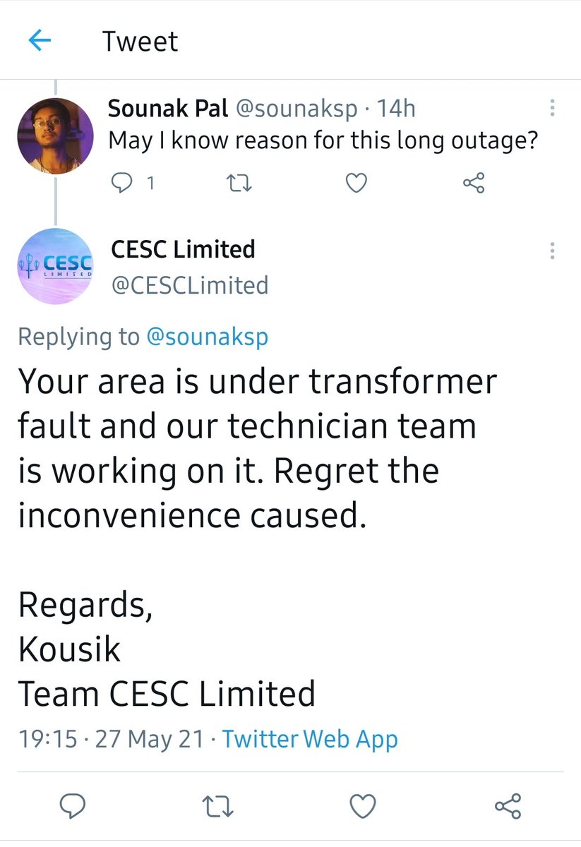 sounaksp's tweet photo. @CESCLimited Super confused. Same person, same complaint but different reason https://t.co/yluoryOxiL