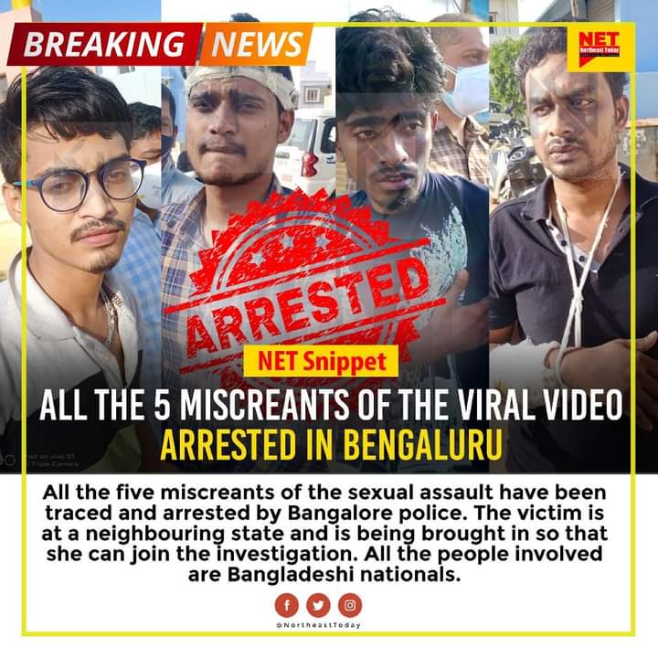 IamBoro11's tweet photo. Hatts off to all the people involved to arrest these 5 culprits. Countrymen or not ,crime is a crime and Punishment is indeed a must.
#Bangladeshi
#rapist 
#banglore 
#arrested https://t.co/ODHhQh8foh
