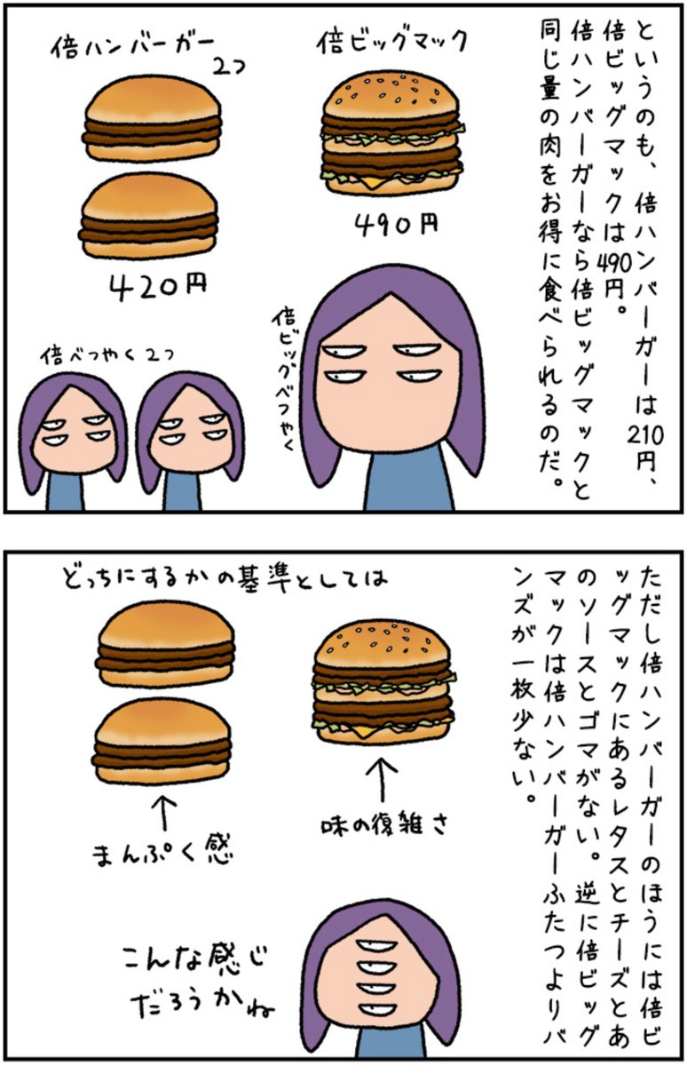 食べざかりみたいな記事を書いてしまいました。
記事では倍マックに対抗して目を倍にしておきましたよ。

肉4枚食べるなら断然 倍ダブルチーズバーガー https://t.co/LXnpAUDje3 #DPZ 