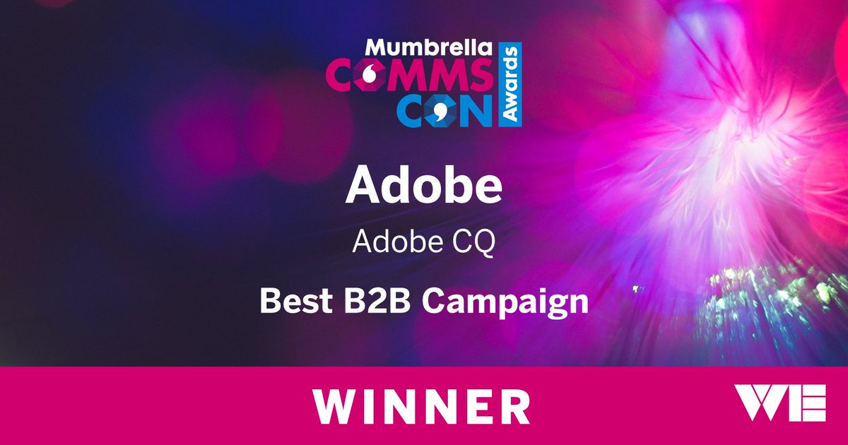 WEcomms's tweet photo. Congratulations to @Adobe and #WEAUS for winning Best B2B Campaign for #AdobeCQ at the @Mumbrellanews #CommsConAwards! See all the winners here: https://t.co/23L1yS3NJ8
#WECelebrate #WeAreWE https://t.co/ZoMjCg1jMQ