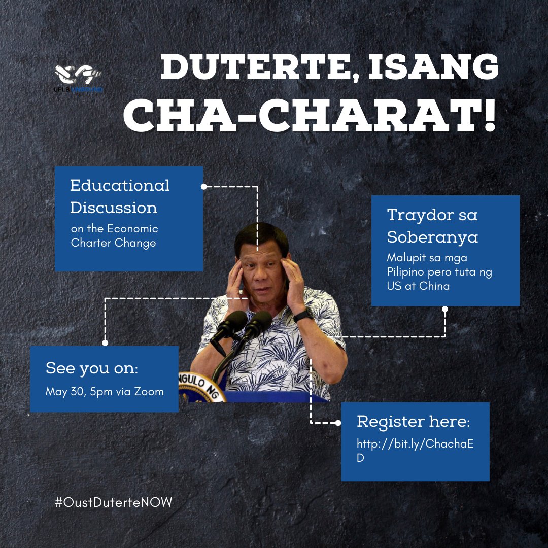 Join us in our educational discussion on Duterte's ChaCha this coming Sunday, May 30, 2021, at 5 PM via Zoom. 

If you're interested to participate, kindly register through this link: bit.ly/ChachaED. 

See you!  

#AyudaHindiChacha
#OpposeChaCha 
#OUSTDUTERTENOW