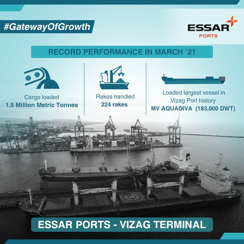 EssarPorts's tweet photo. From the highest cargo throughput to handling the largest vessel in Vizag Port’s history, #EssarPortsVizag set many records in March this year. We are committed to keeping the engines of the economy running despite the #COVID19 pandemic. 
#GatewayOfGrowth
#AtmanirbharBharat https://t.co/79cYAcjuro