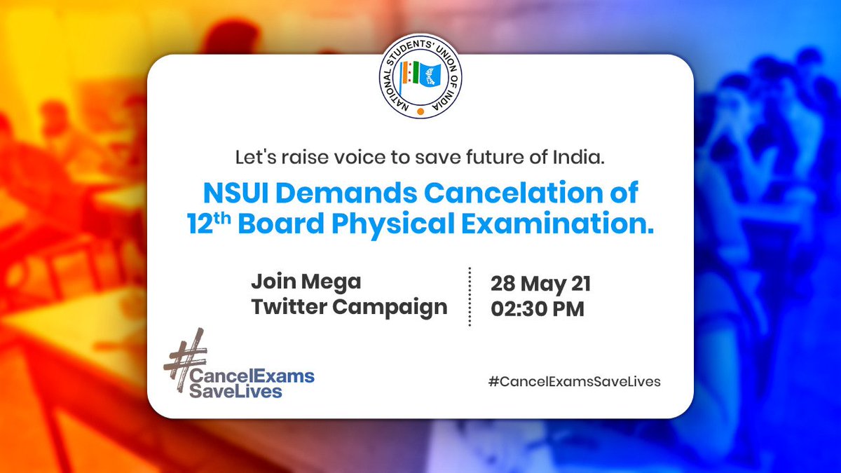 MANIKANTANSUI's tweet photo. Requesting everyone to join @nsui campaign for cancellation of board exams in this pandemic. The campaign will kickstart today at 2:30PM

#cancelExamsSaveStudent 
#cancelboardexam https://t.co/5ST3jSgeGw