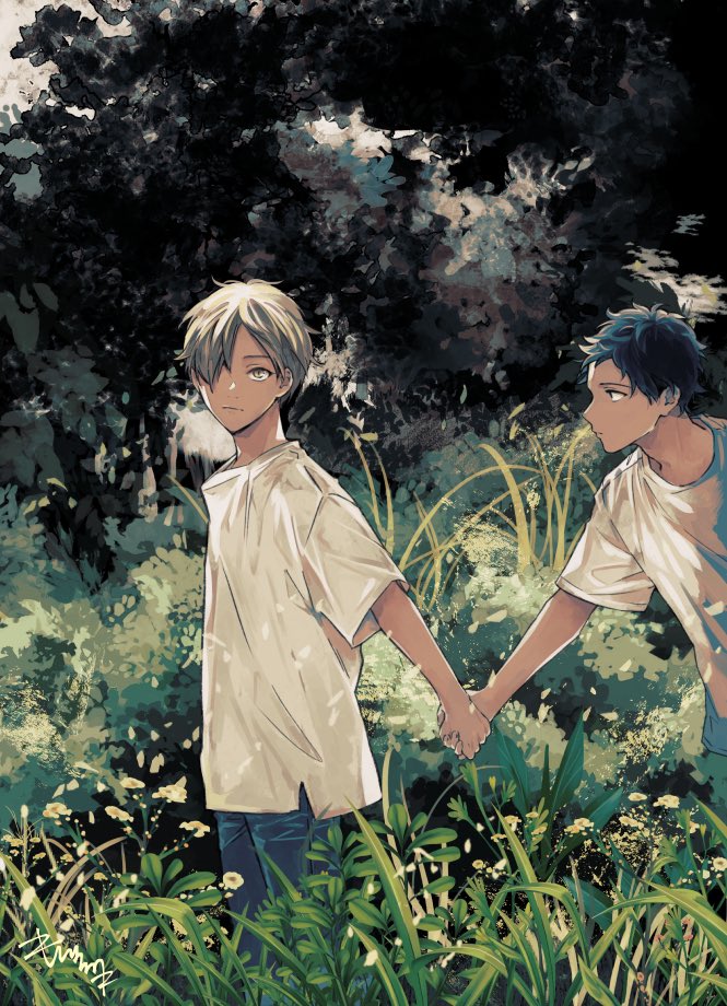 multiple boys 2boys holding hands shirt outdoors white shirt nature  illustration images