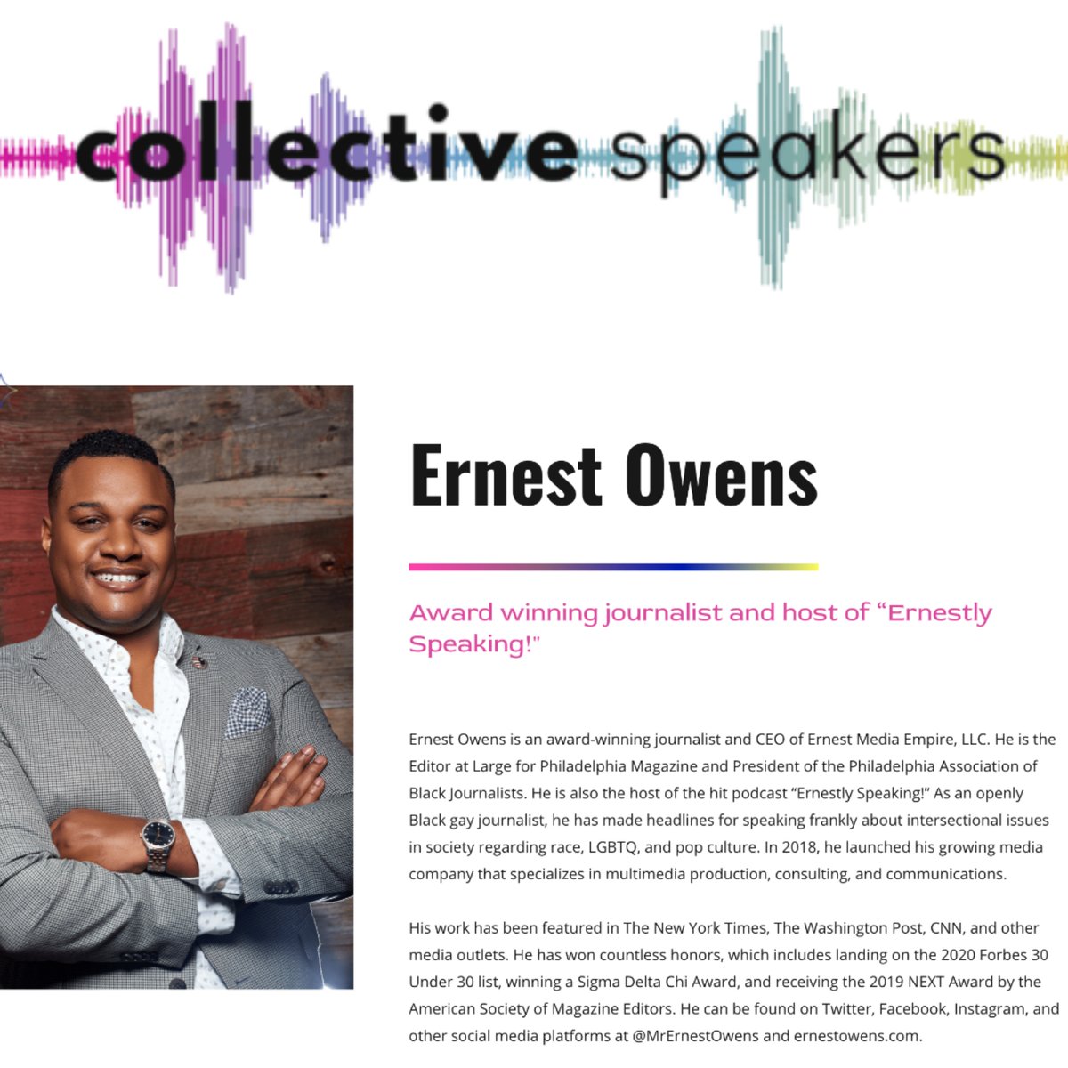 MrErnestOwens's tweet photo. I’VE OFFICIALLY BEEN SIGNED TO A MAJOR SPEAKERS BUREAU! 🏆
I’m proud to announce that I’m now represented by @collectivespkrs, one of the leading progressive speakers bureaus around! ✨
If you’re a major organization now looking to book me, do so here: https://t.co/73XnEuU7Ic https://t.co/Pl25xgX4PF