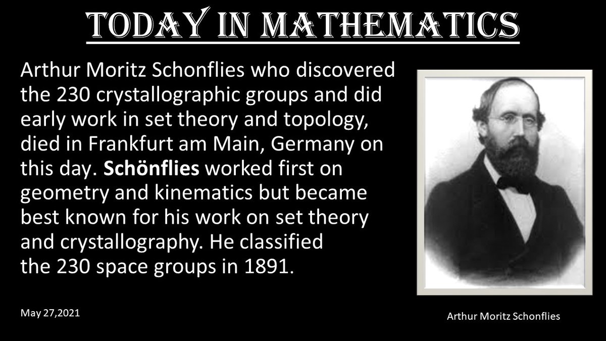 5minute_math's tweet photo. Born17 April 1853
Died27 May 1928
Schönflies worked first on geometry and kinematics but became best known for his work on set theory and crystallography. He classified the 230 space groups in 1891.
#todayinmathematics #5minutemathematics #mathematicians #mathematicsproblem https://t.co/2abc6tNvX7