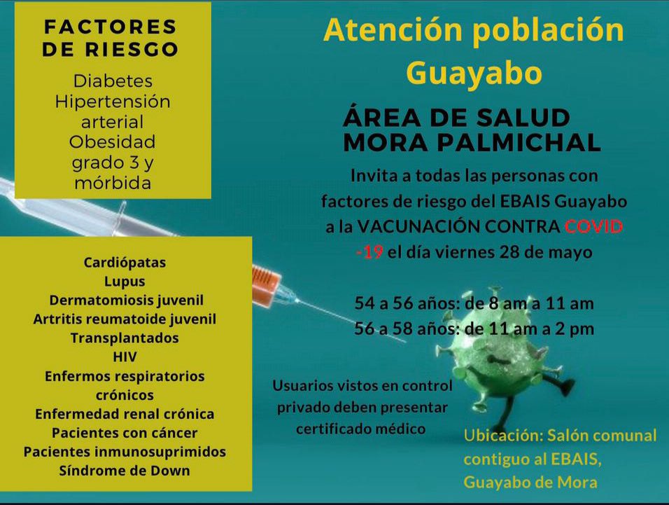 Esté viernes 28 de mayo, vamos a tener las campañas de vacunación sin cita del grupo 3 con factor de riesgos en las localidades de Guayabo/Jaris en el salón comunal contiguo al ebais y Tabarcia/Palmichal en el gimnasio del Liceo de Tabarcia a partir de las 8am hasta las 2pm.