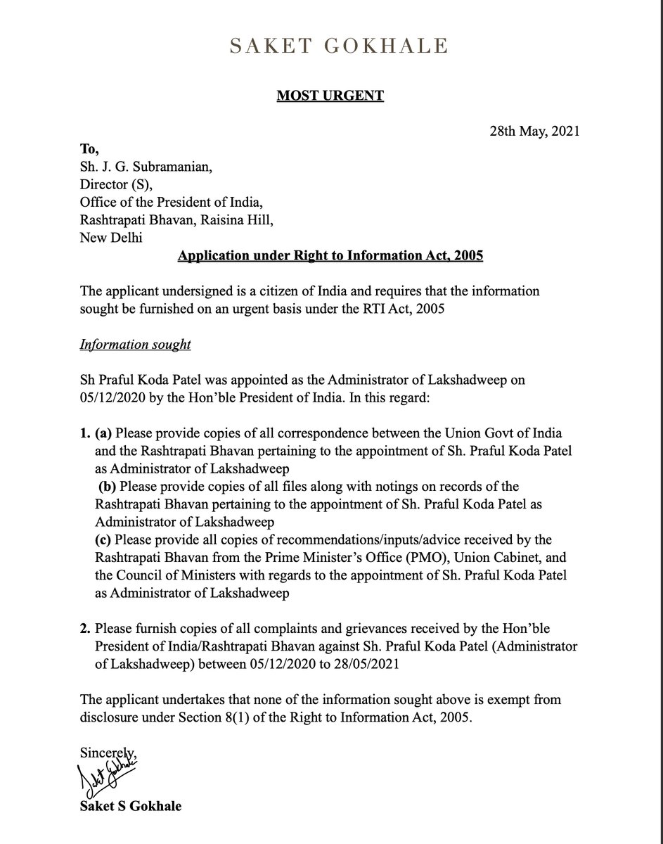 SaketGokhale's tweet image. It&apos;s a mystery as to how Praful Koda Patel - a shady BJP politician - was appointed as Administrator of Lakshadweep instead of an IAS officer (as is routine).

Filed an RTI with the President of India seeking all files relating to this.

There&apos;s something shady.

#SaveLakshadweep