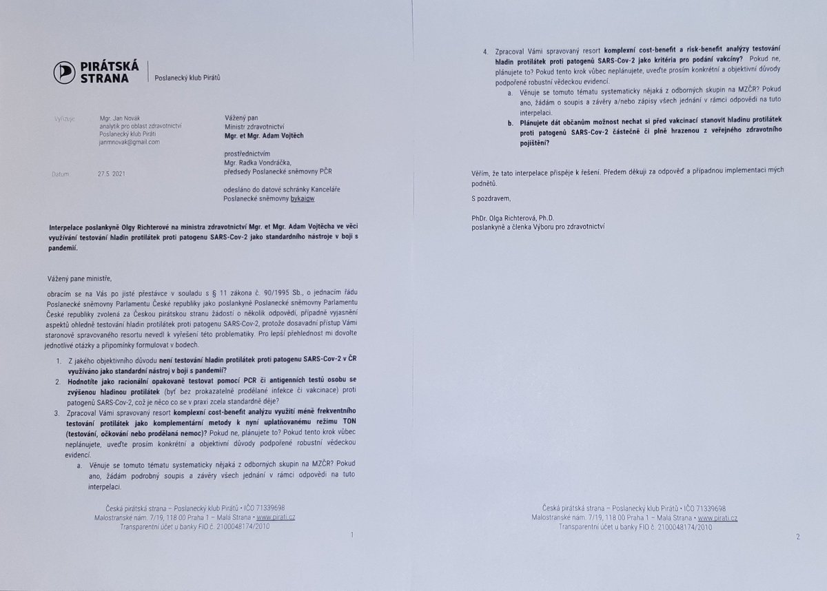 olgarichterova's tweet photo. Protilátky na Covid zatím nejsou uznávané jako doklad o prodělání nemoci. Nijak se s nimi neoperuje v systému testování - nemoc - očkování.
Proč? Navazuji po jisté přestávce: #interpelace na @adamvojtechano. Otázky mé i jiných na výboru zdravotním totiž zatím k řešení nevedly. https://t.co/MLln5BPj2g