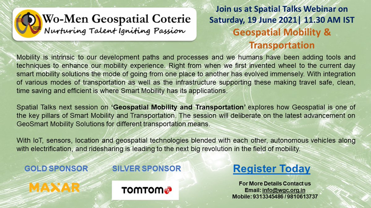 WGeospatialC's tweet photo. Spatial Talks next session on Geospatial Mobility and Transportation explores how Geospatial is one of the key pillars of Smart Mobility and Transportation. 

Register here to listen to our expert panel on 19th June 2021 at 11.30 IST

https://t.co/B1nRKlv81K https://t.co/Pz0uiDXt8u